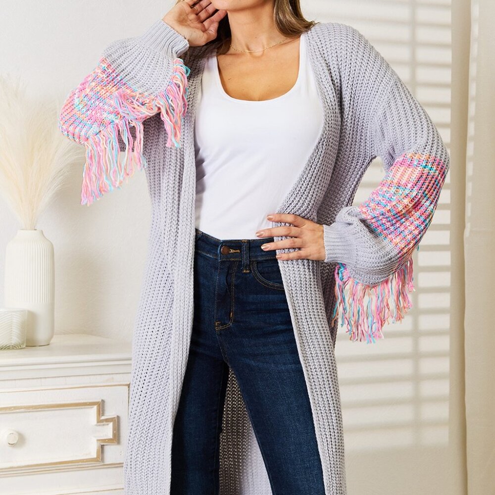 Woven Right Fringe Sleeve Dropped Shoulder Cardigan- Size S
